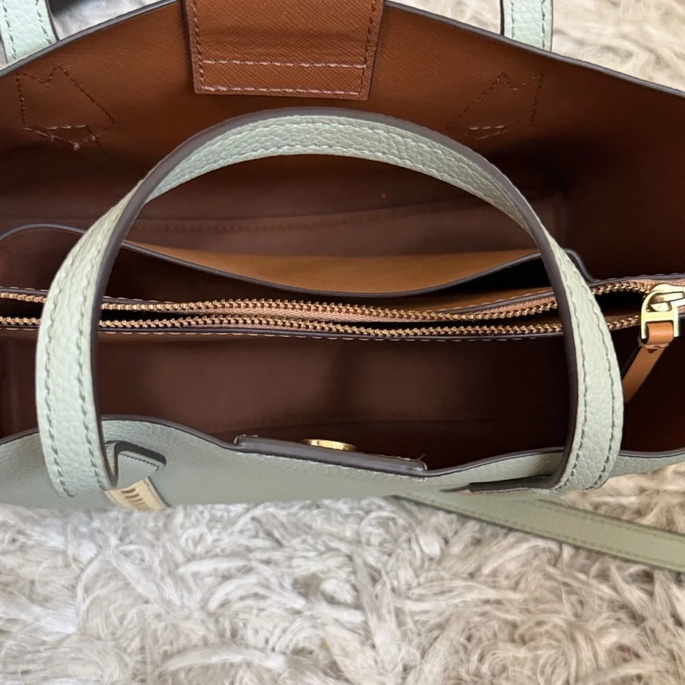 Tory Burch Perry Small Pick-Stitch Triple Compartment Tote Bag Pine Frost $428